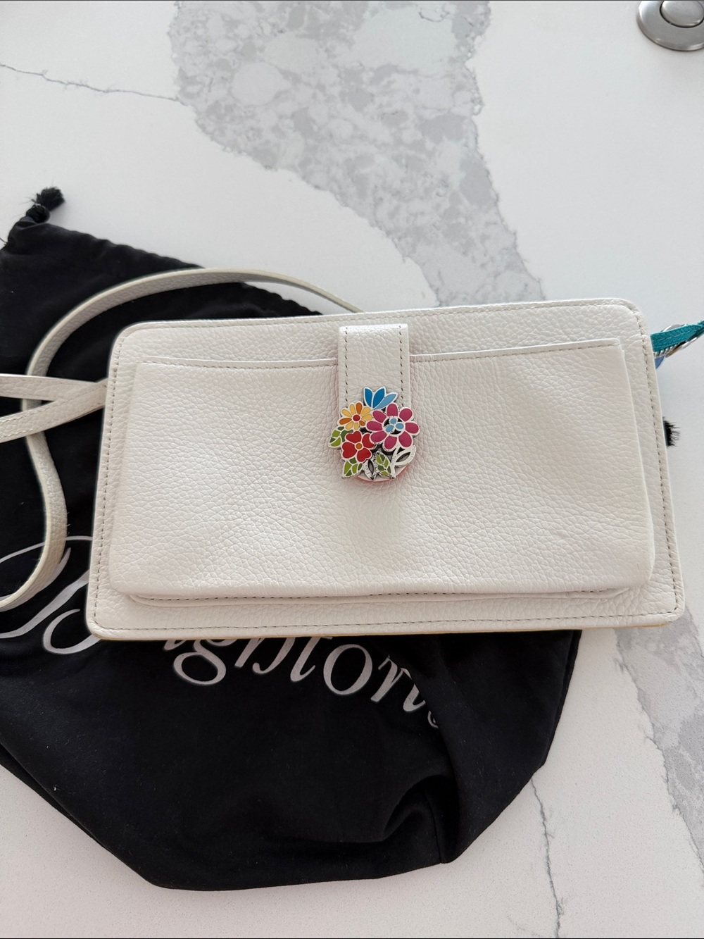 Brighton White Leather Crossbody with Colorful Floral Snap